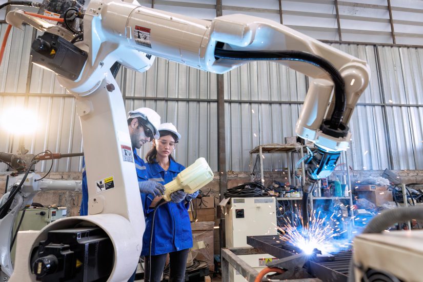 In robotic maintenance shop an engineer hold controller operate robot arm welding fire spark